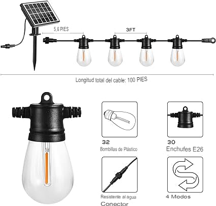 Tira de luces solares, 10 bombillas 5 m